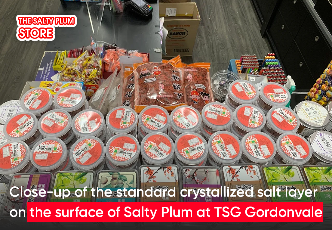 Close-up of the standard crystallized salt layer on the surface of Salty Plum at TSG Gordonvale