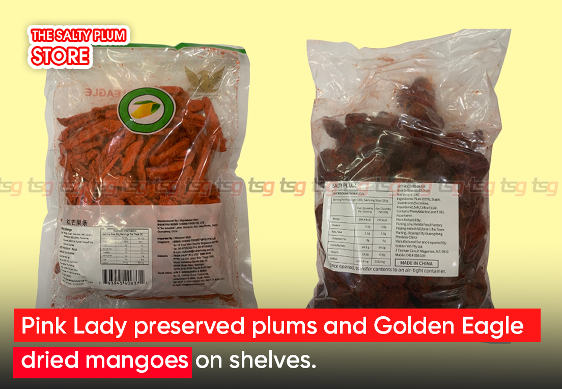 Pink Lady preserved plums and Golden Eagle dried mangoes on shelves.