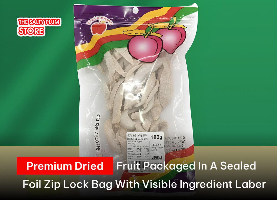 Premium dried fruit packaged in a sealed foil zip-lock bag with visible ingredient label